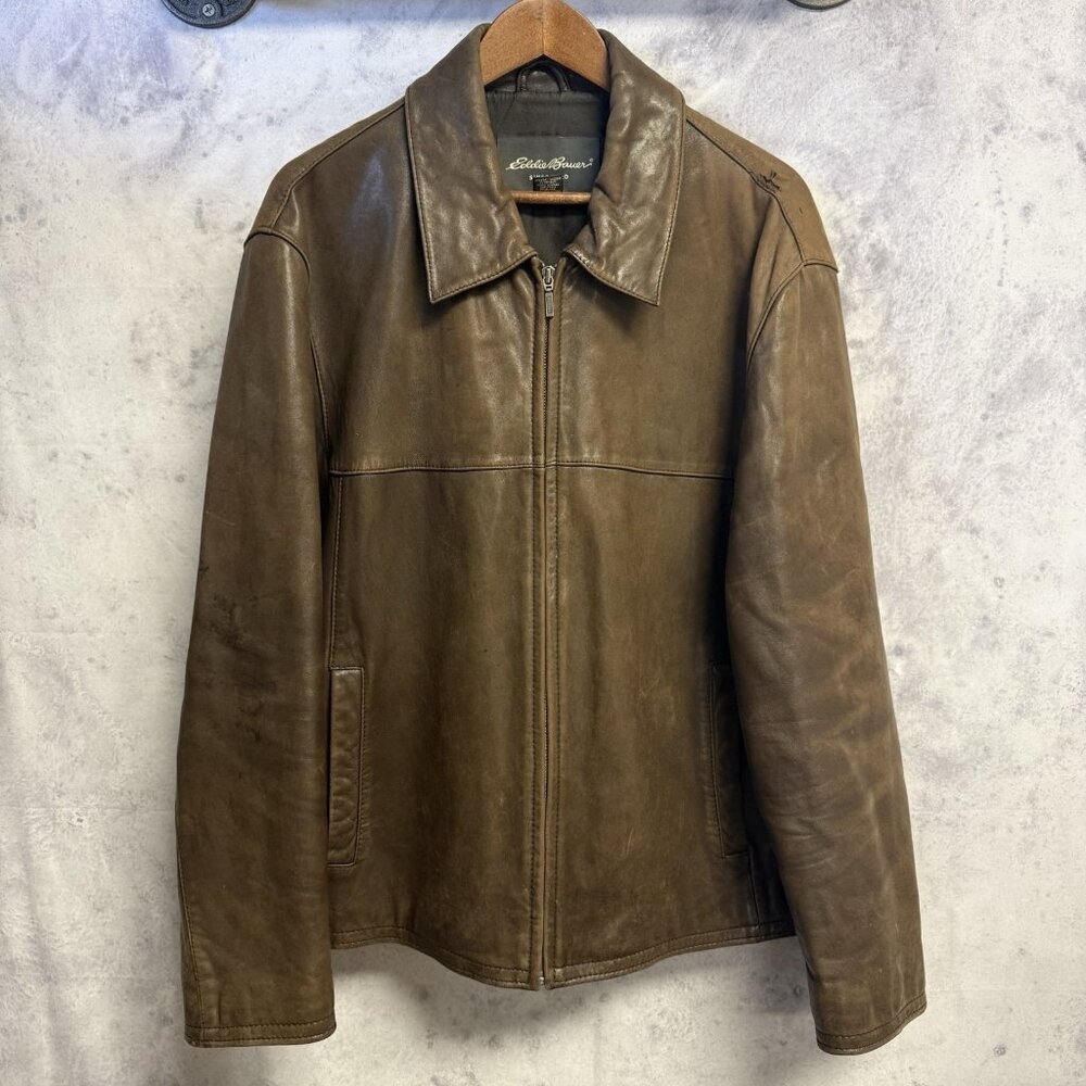 Eddie Bauer Lamb Leather Jacket Mens Large Brown Full Zip Lambskin